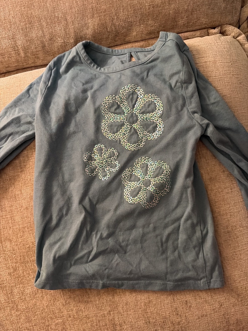 Girls' Blue Long-Sleeve Gem Flower Top